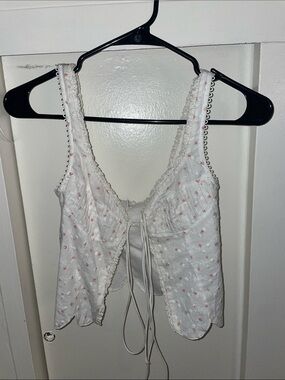 White Pink Seersucker Floral Lace-Trim Tie-Front Women's Top